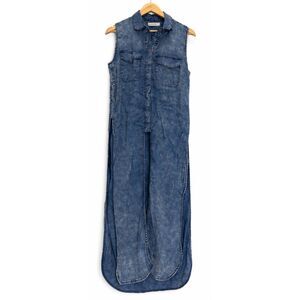 blank NYC womens small 100% linen maxi dress shirt blue distressed